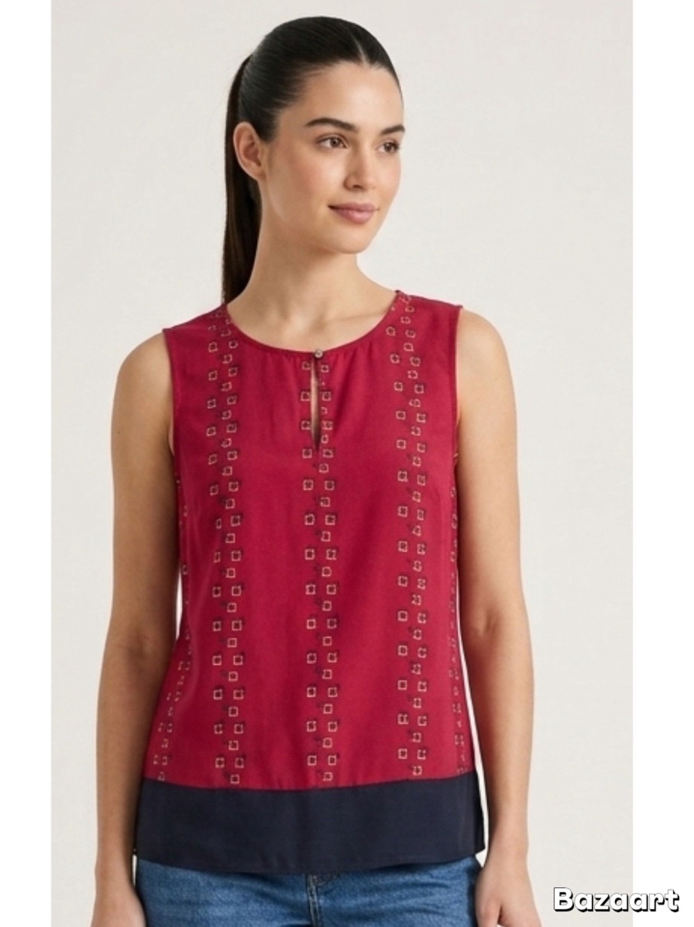 Tommy Hilfiger Coral-Pink Sleeveless Tank with Navy Contrast Hem - Picture 3 of 5